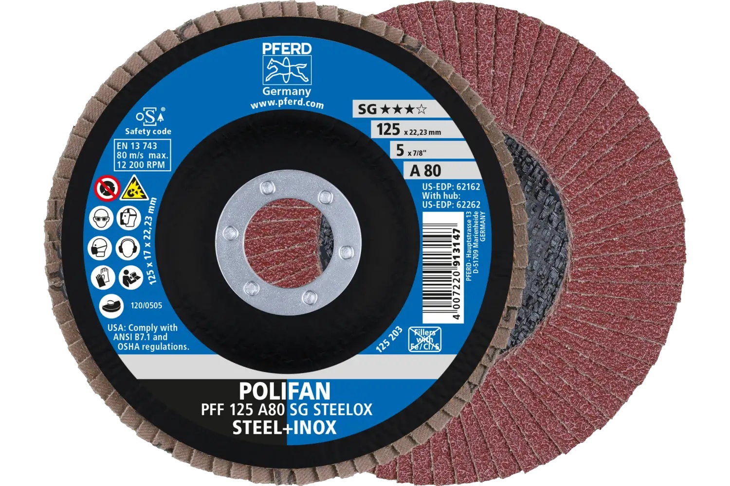 Picture of Pferd Flap Disc, 5" x 7/8, A SG Steelox, 80 Grit, T27, Flat, Aluminum oxide
